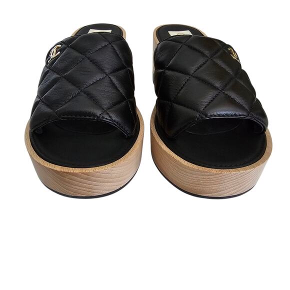 Chanel CC Wood Platform Sandal Slide Mule Size 39 US 8 8.5 Quilted Black Leather - Picture 6 of 15